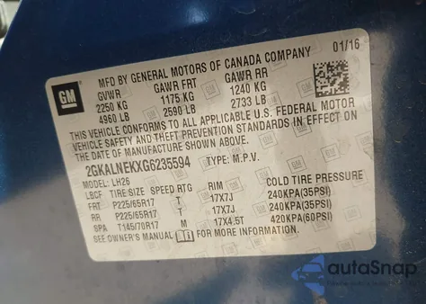 2016 GMC Terrain Sle-2 from USA, damaged, VIN 2GKALNEKXG6235594